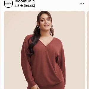 BloomChic V-Neck Waffle Knit Pullover - Rust Brown